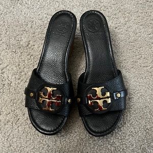 Tory Burch Black Leather Slide Wedges with Gold Logo Medallions